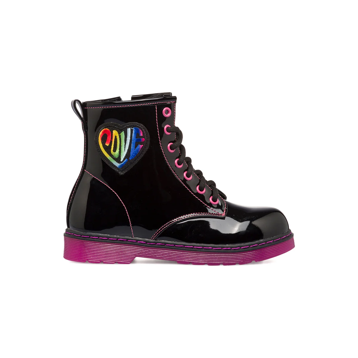 Anfibi neri effetto vernice da bambina con zip e cuore arcobaleno 10 Baci