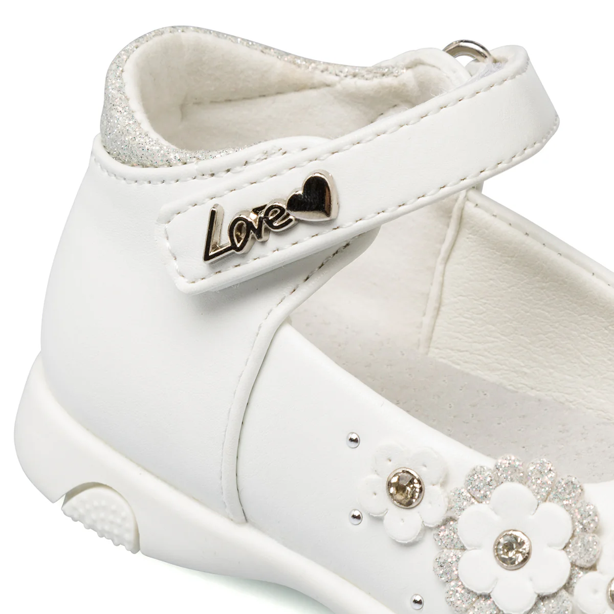 Ballerine primi passi bianche e argento da bambina con fiori e chiusura a strappo Le Scarpe di Alice - Image 7