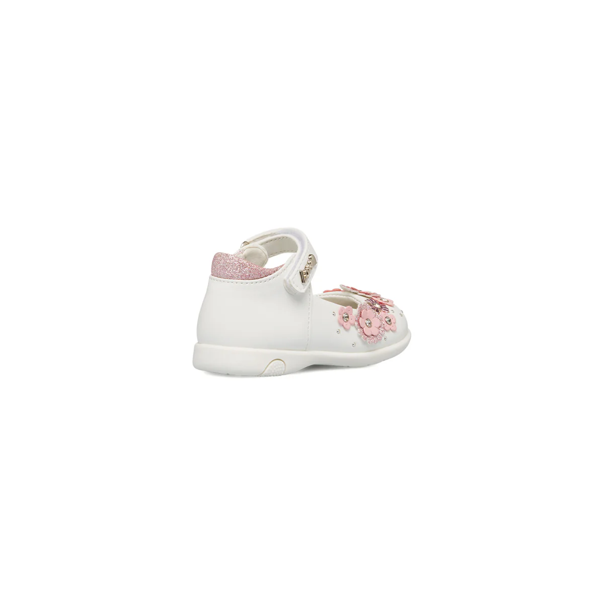 Ballerine primi passi bianche e rosa da bambina con fiori e chiusura a strappo Le Scarpe di Alice - Image 3