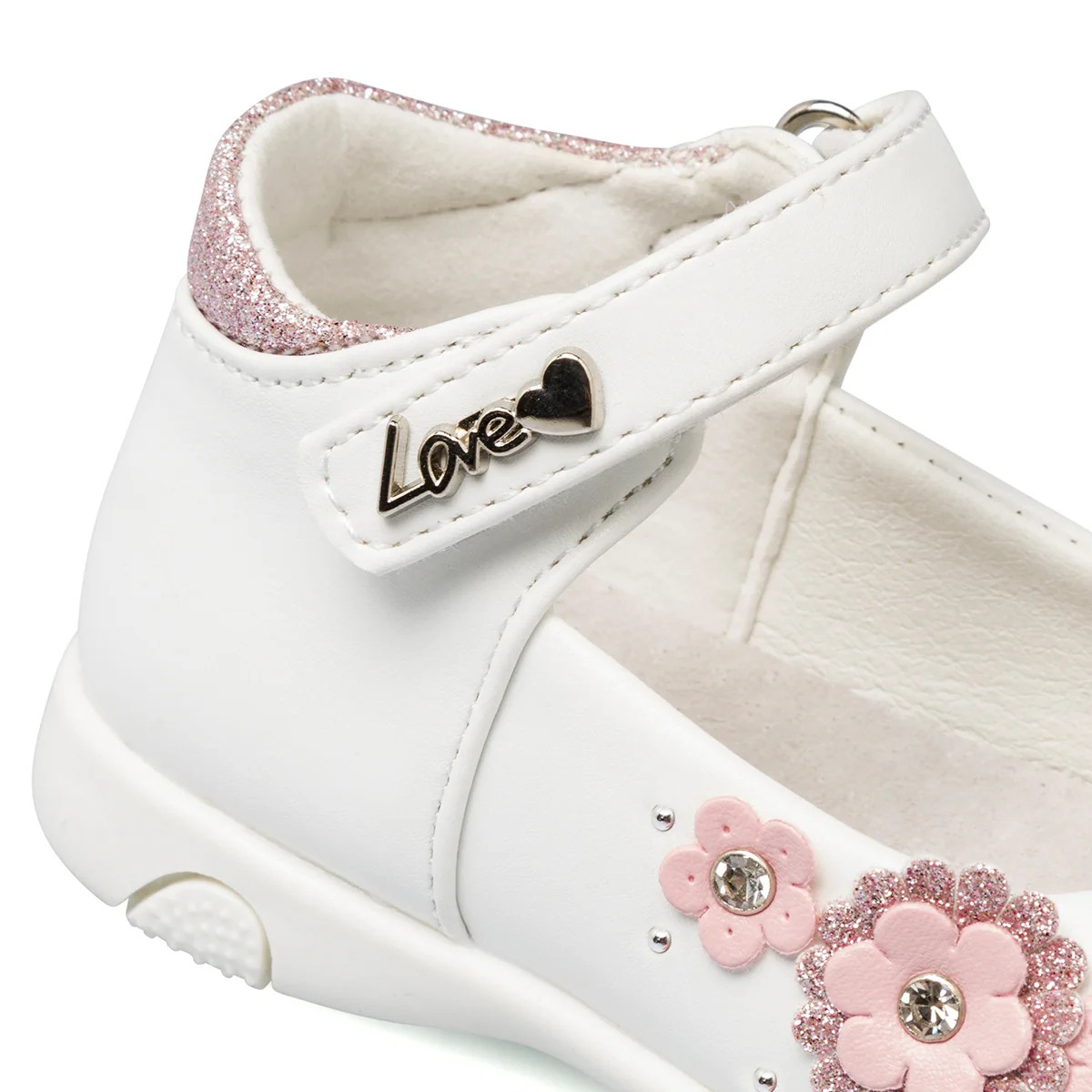 Ballerine primi passi bianche e rosa da bambina con fiori e chiusura a strappo Le Scarpe di Alice - Image 7