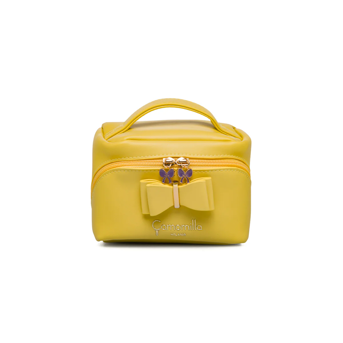 Beauty bag gialla da donna con fiocco frontale e manico Camomilla Milano