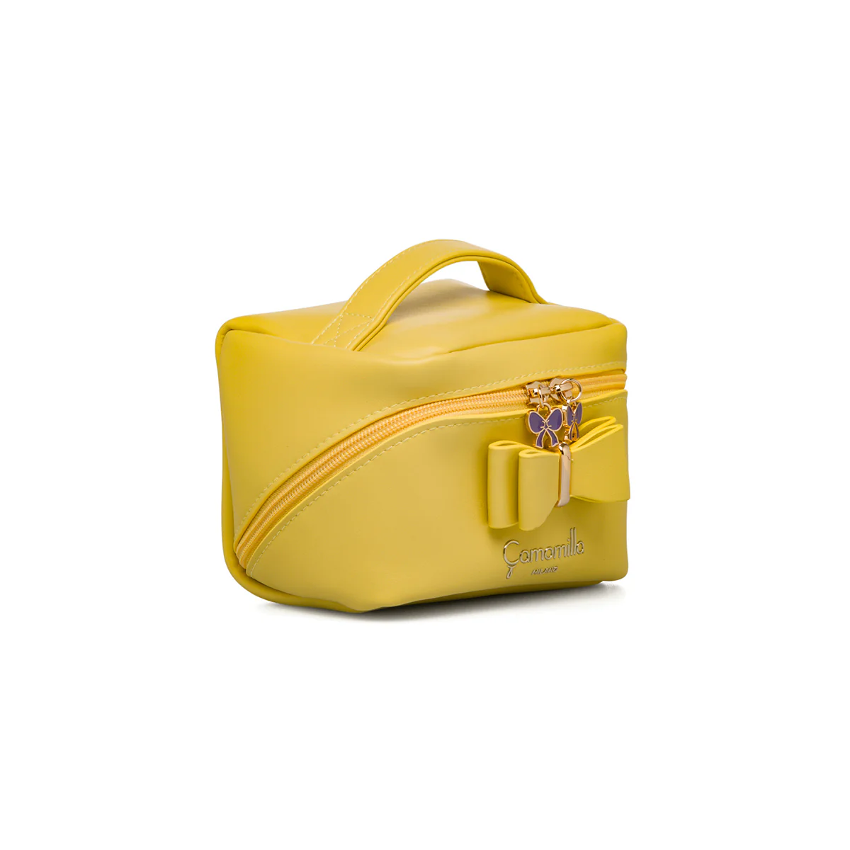 Beauty bag gialla da donna con fiocco frontale e manico Camomilla Milano - Image 2