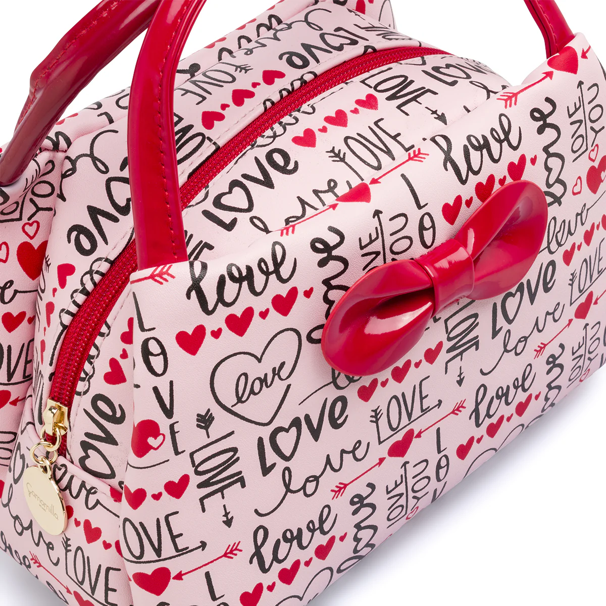 Beauty case Donna Rosa con stampa Love e maxi fiocco vernice Camomilla - Image 4