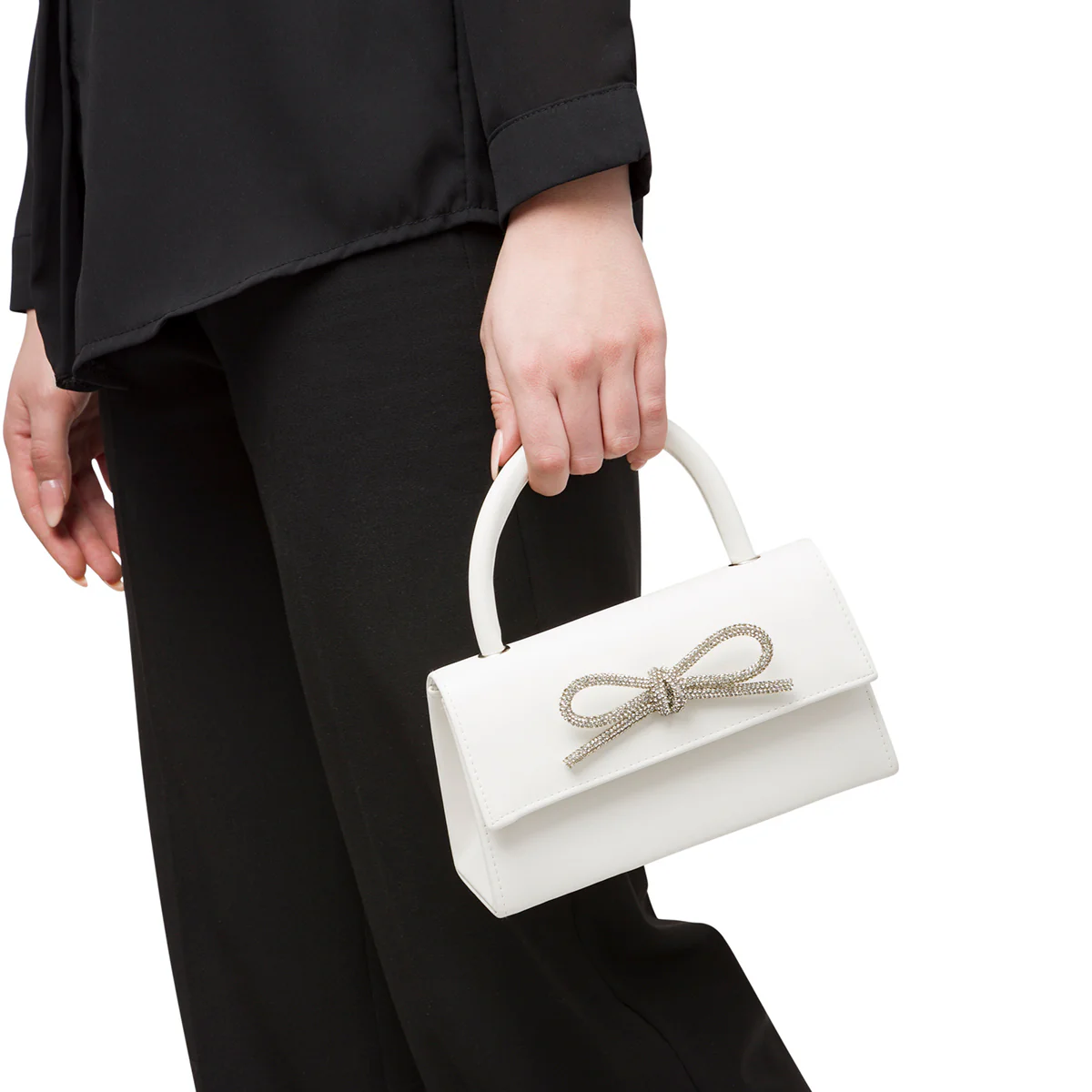Borsa a mano bianca da donna con fiocchetto in strass Lora Ferres - Image 5