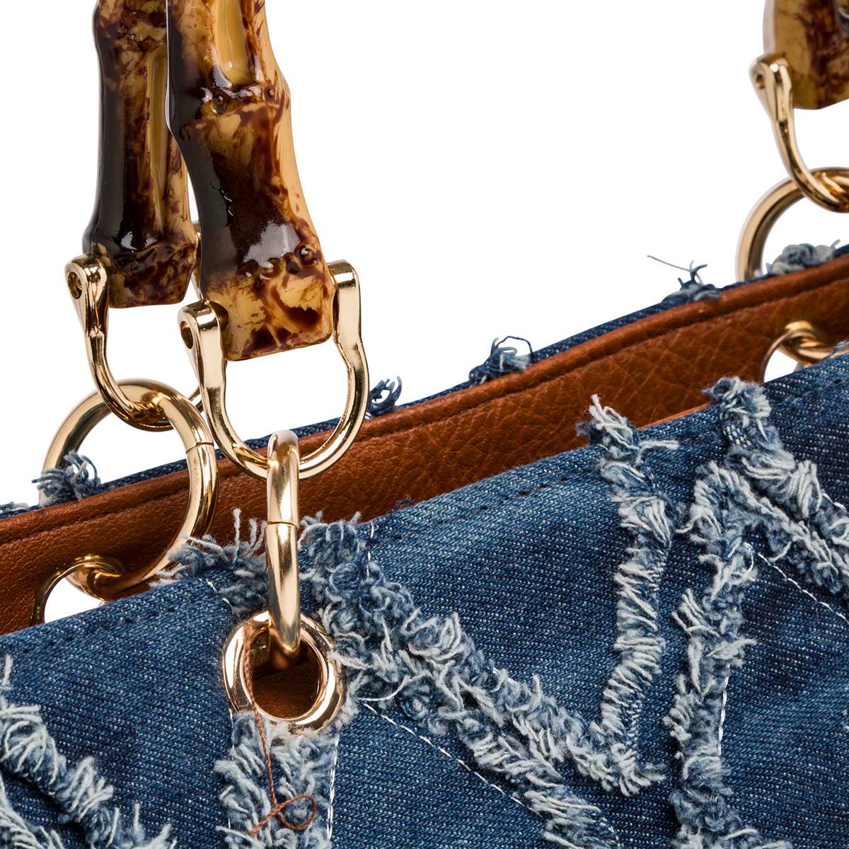 Borsa a mano in jeans con dettagli marroni e manici effetto bamboo Swish Jeans - Image 3