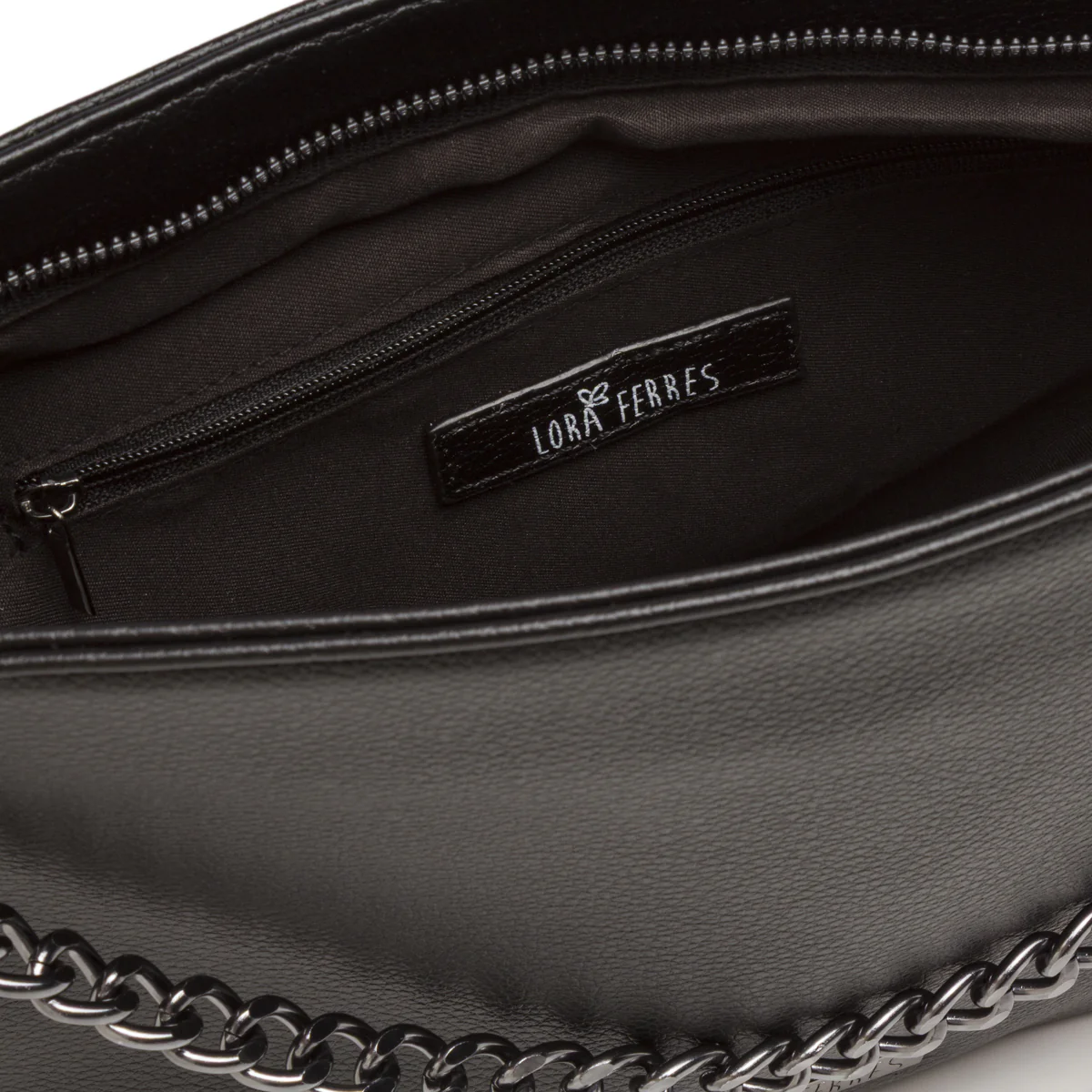 Borsa a mano Lora Ferres da donna nera con tracolla a catena metallica - Image 4