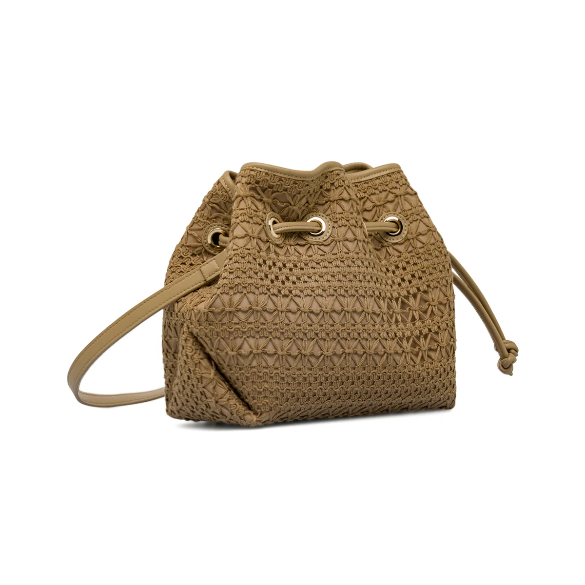 Borsa a secchiello beige Donna effetto crochet e coulisse Lora Ferres - Image 3