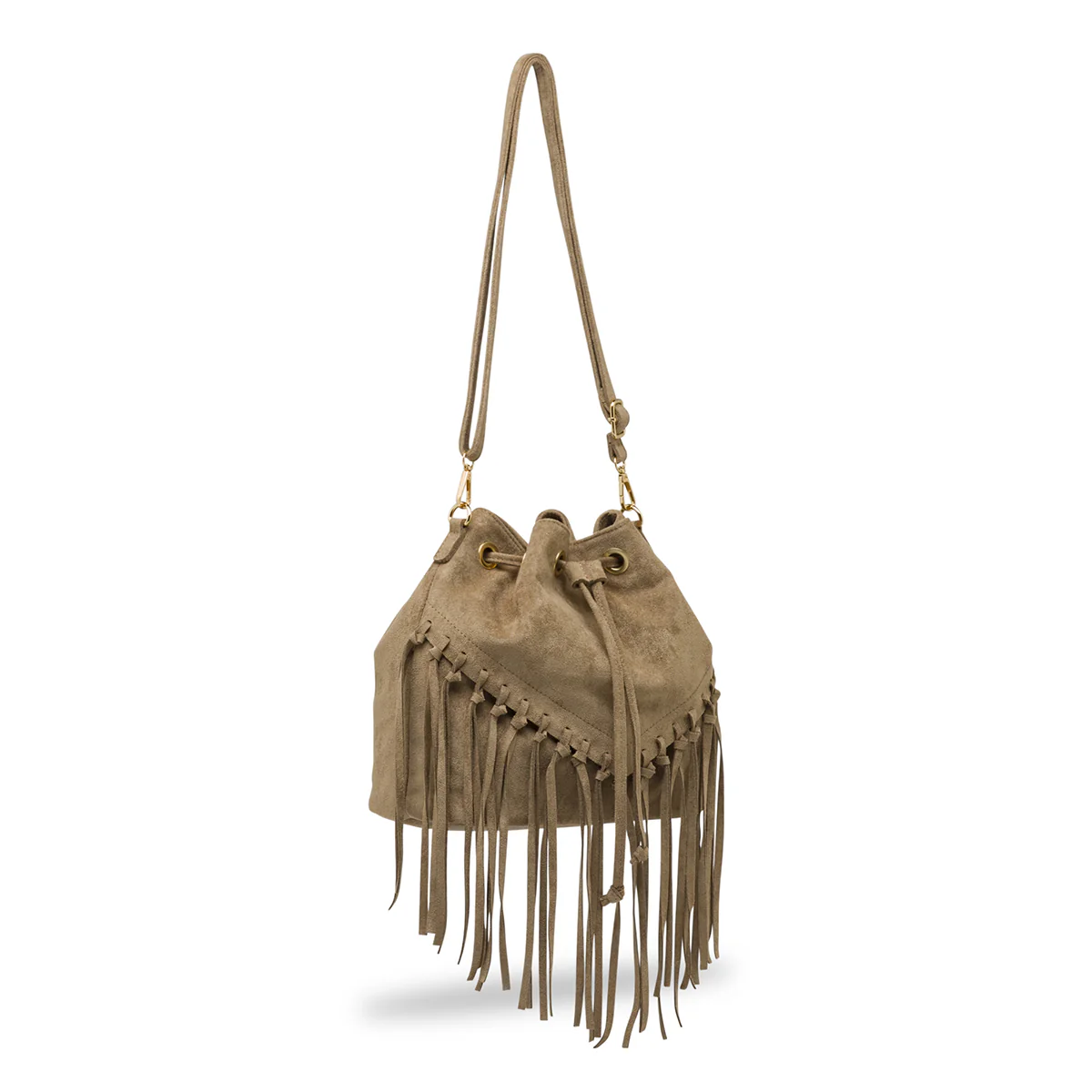 Borsa a secchiello taupe da Donna con frange ed effetto scamosciato Lora Ferres - Image 2