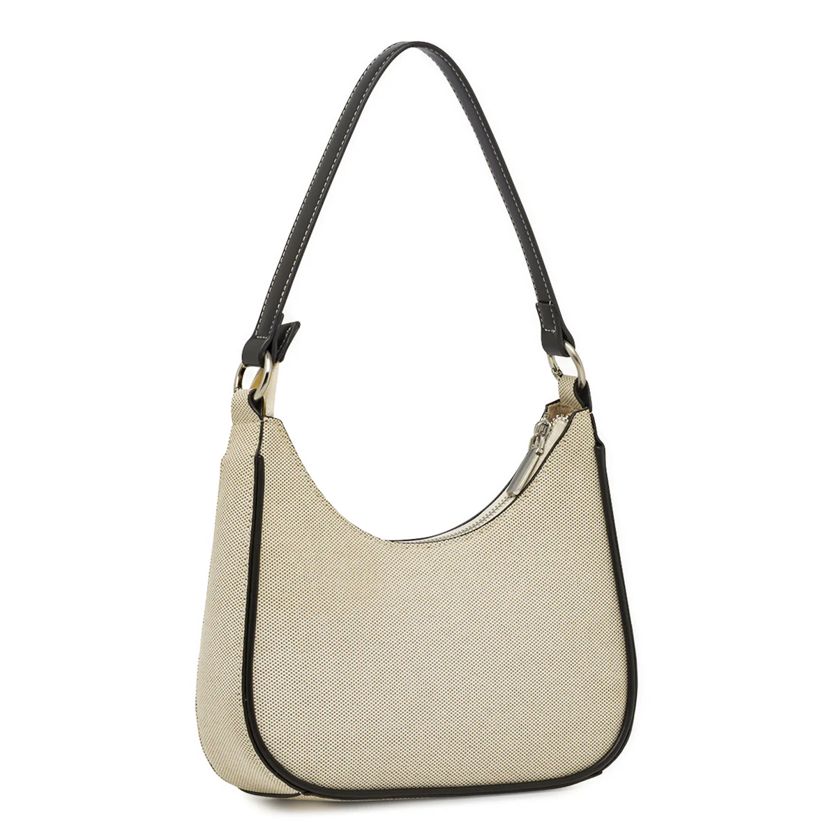 Borsa a spalla da donna Lora Ferres beige in tessuto con dettagli neri - Image 3