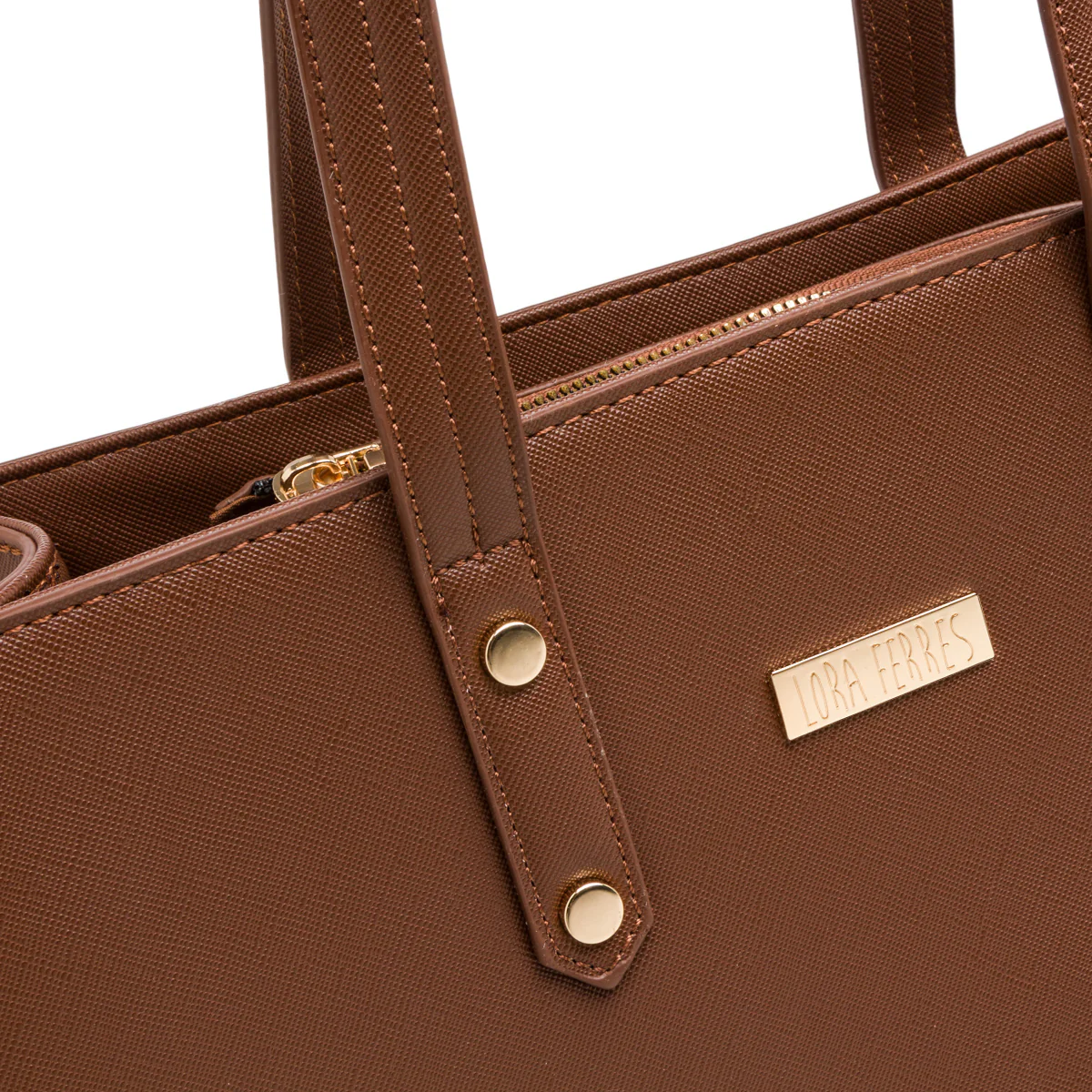 Borsa a spalla da donna marrone con logo in metallo Lora Ferres - Image 3