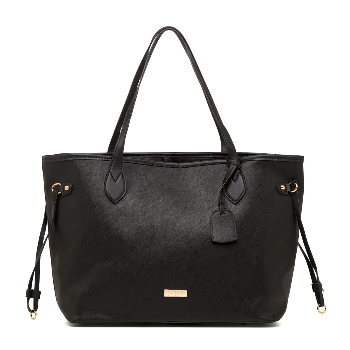 Borsa a spalla da donna nera con logo in metallo Lora Ferres