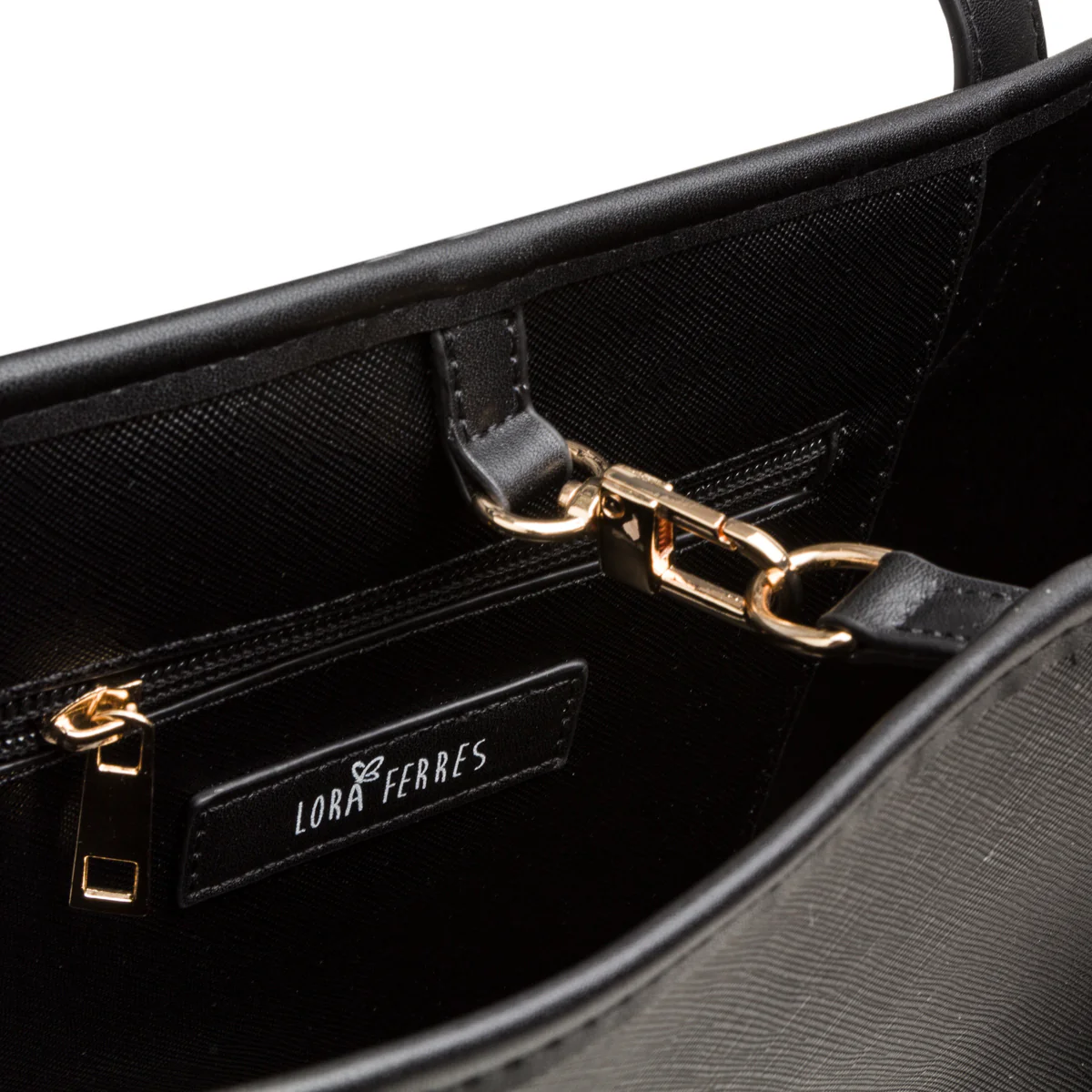 Borsa a spalla da donna nera con logo in metallo Lora Ferres - Image 4