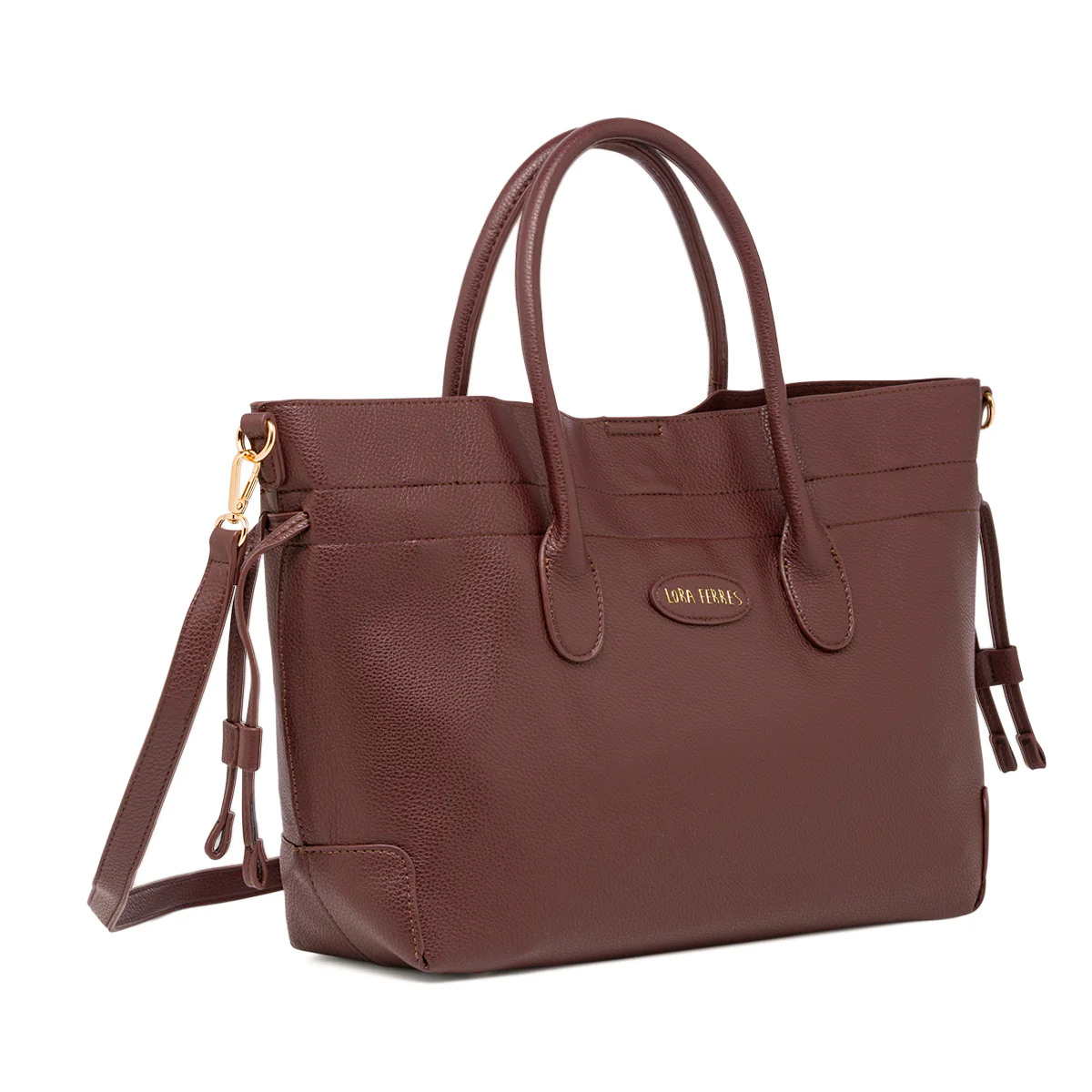 Borsa a spalla Lora Ferres da donna marrone con tracolla e logo dorato - Image 2