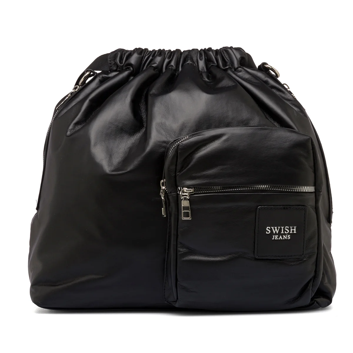 Borsa a spalla nera da donna con tasca frontale e logo argento Swish Jeans