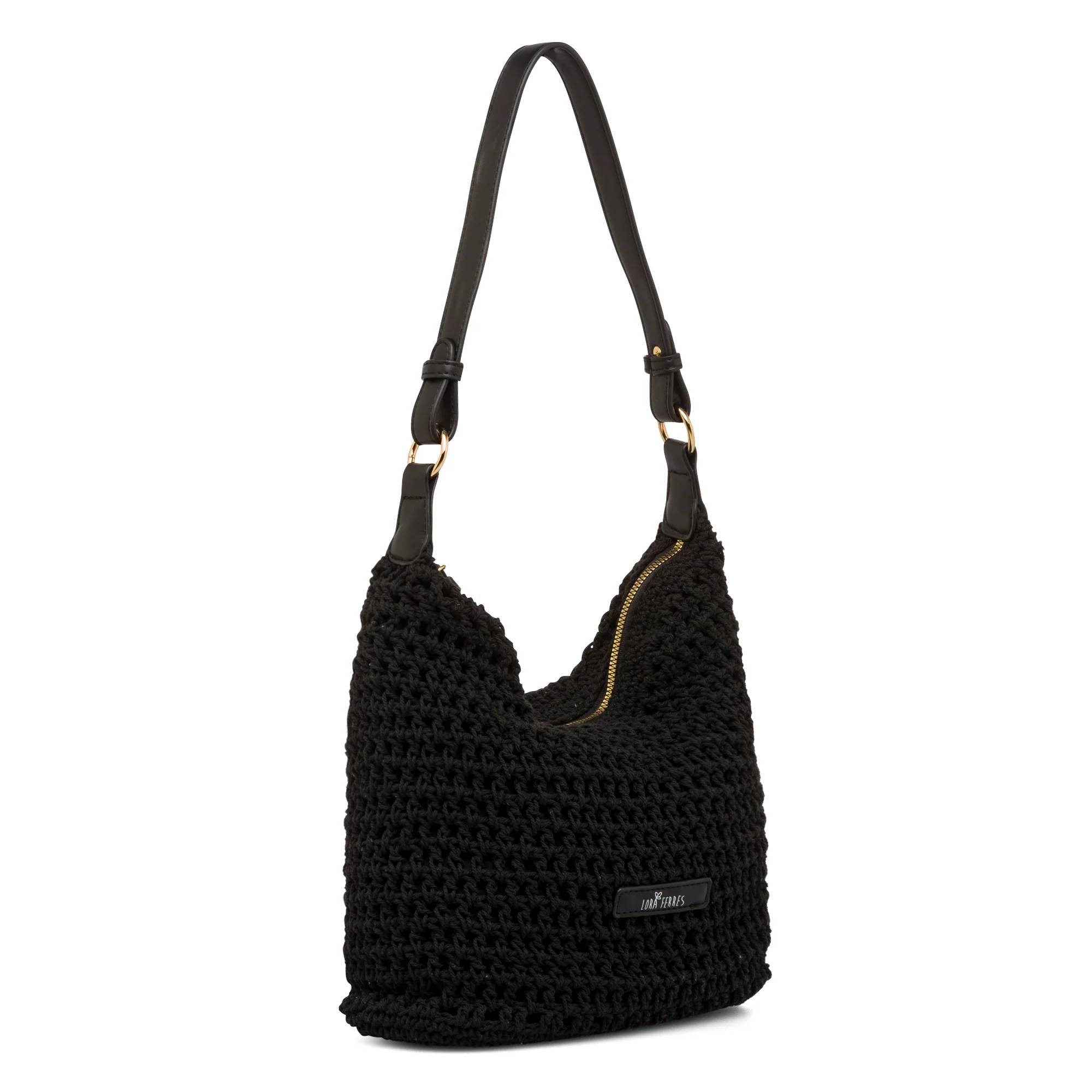 Borsa a spalla nera da Donna in tessuto intrecciato effetto crochet e logo Lora Ferres - Image 2