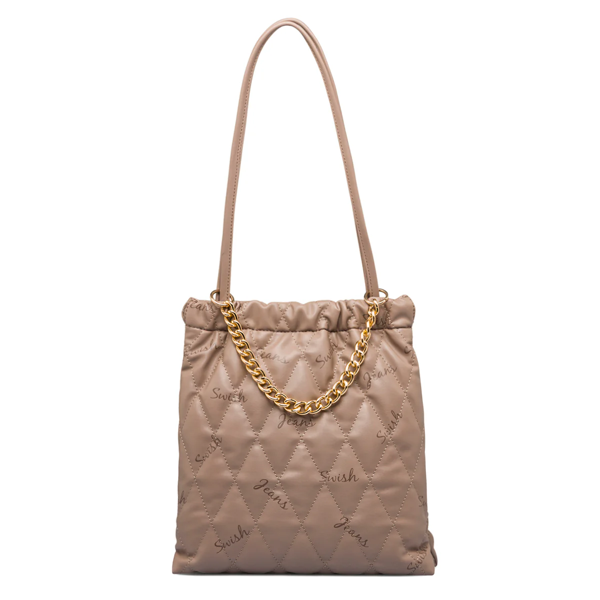 Borsa a spalla taupe trapuntata da donna con catenina Swish Jeans