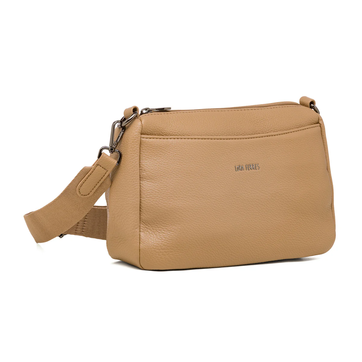 Borsa a tracolla da donna color taupe con logo in metallo Lora Ferres - Image 2