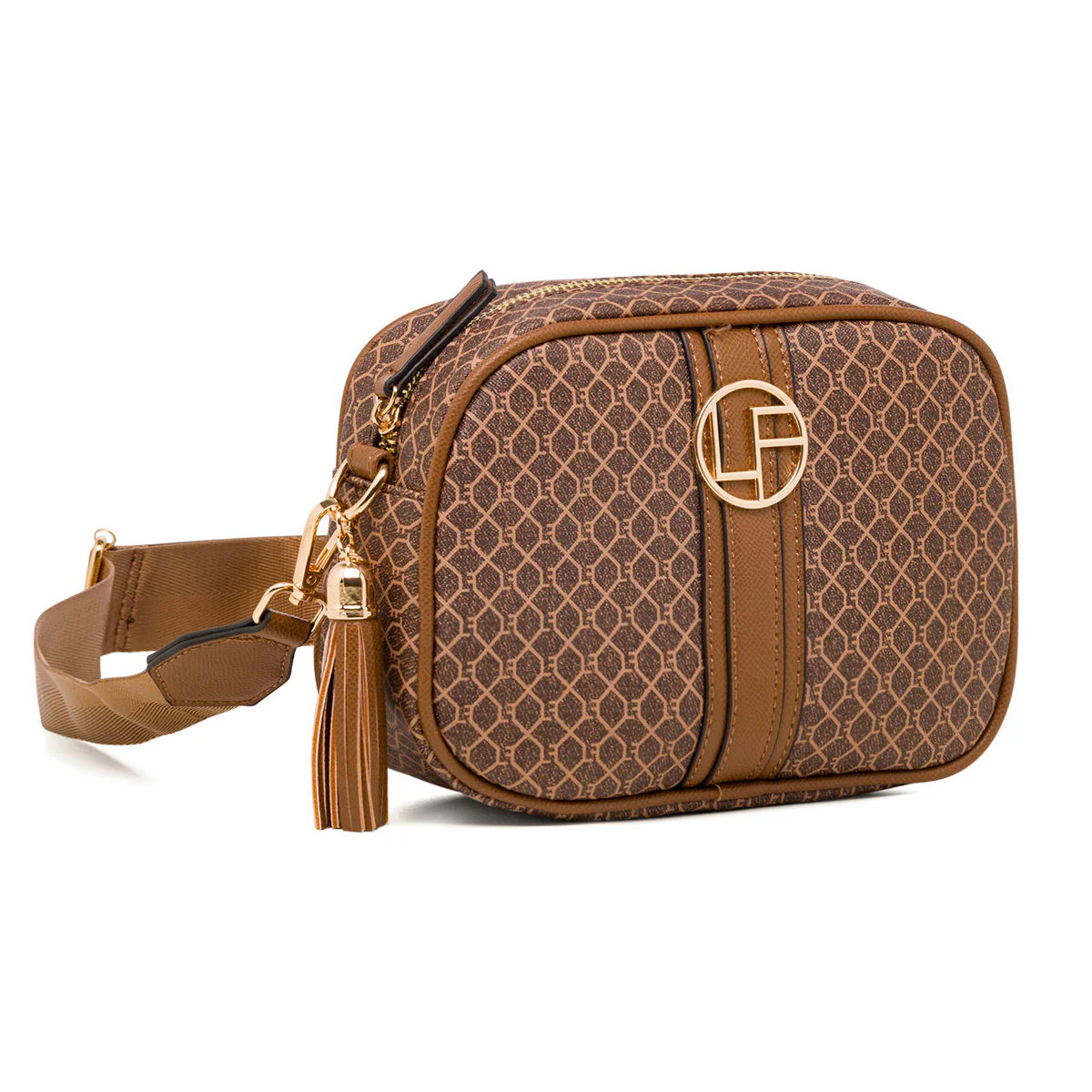Borsa a tracolla da donna marrone e beige con logo Lora Ferres - Image 3
