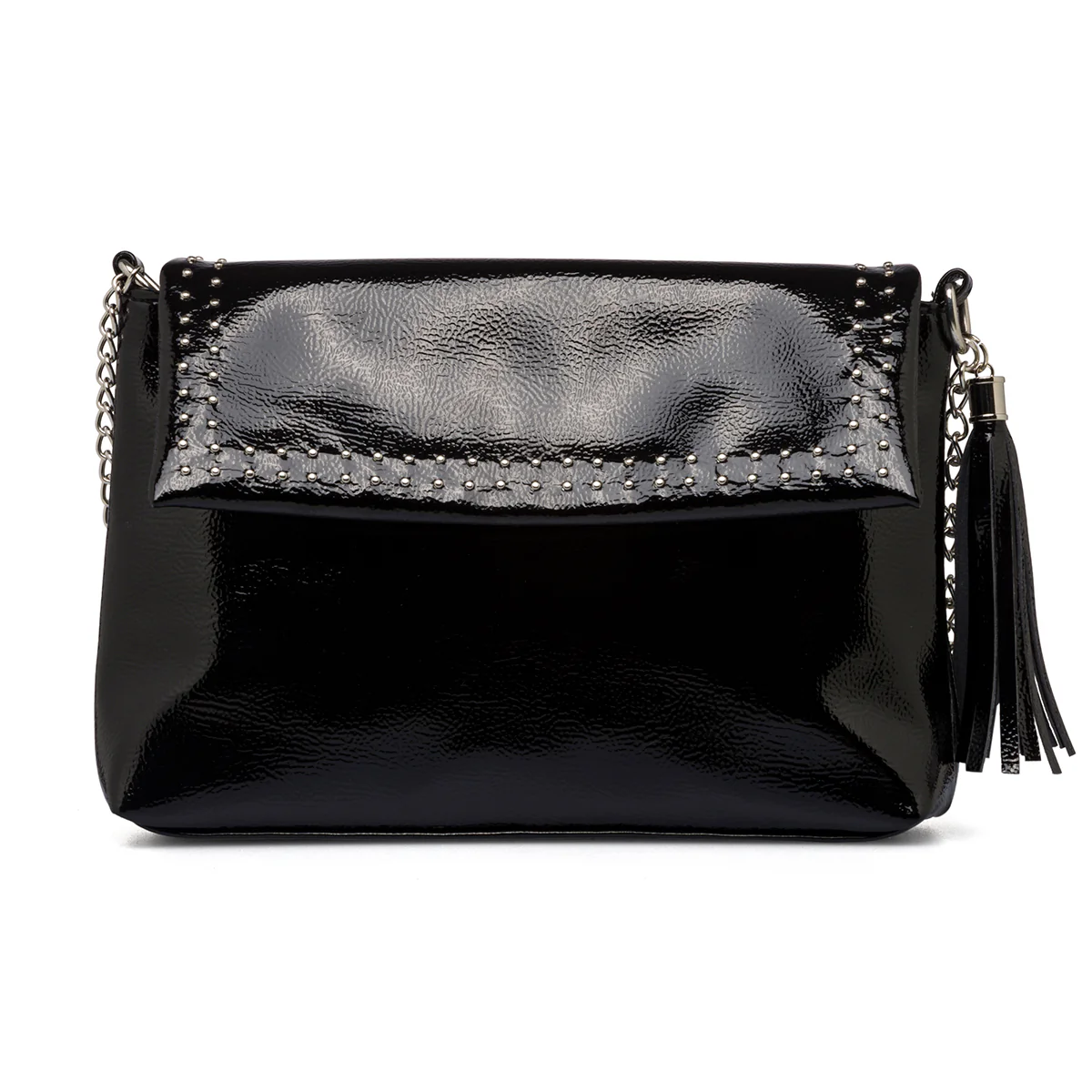 Borsa a tracolla nera effetto vernice da donna con borchiette Lora Ferres
