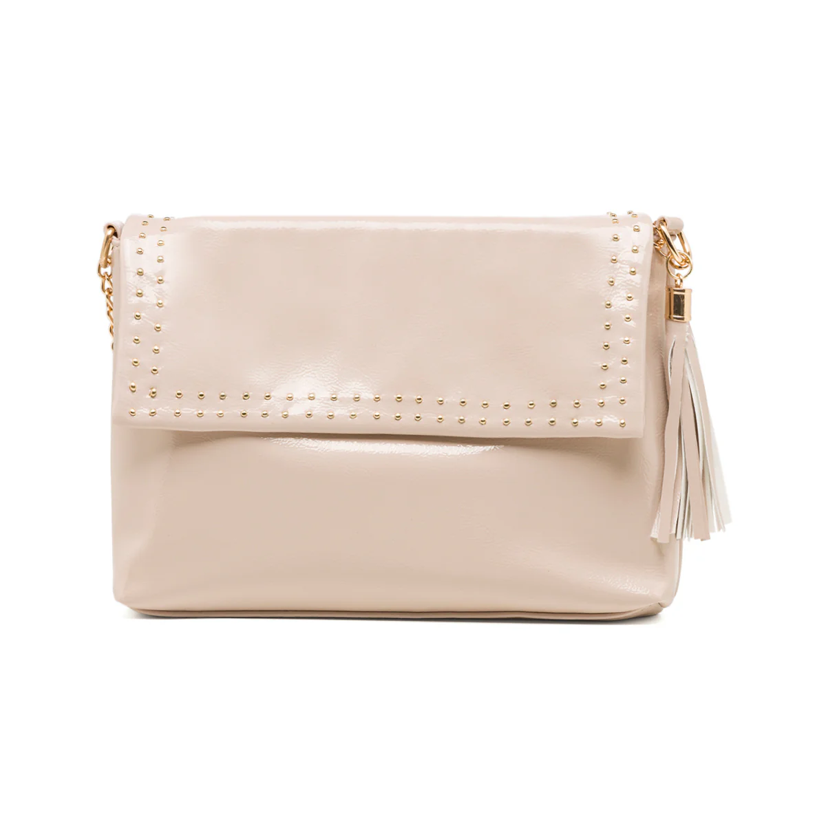 Borsa a tracolla taupe effetto lucido da donna con borchiette Lora Ferres