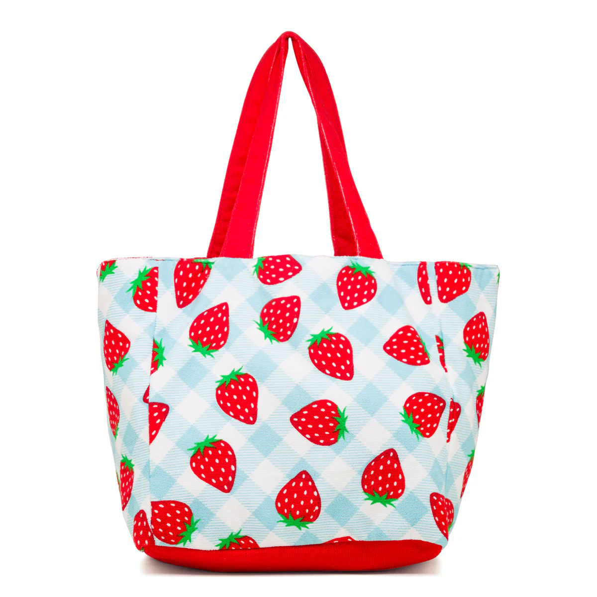 Borsa da mare donna in spugna rossa e azzurra con stampe fragole Camomilla Milano Strawberry - Image 3