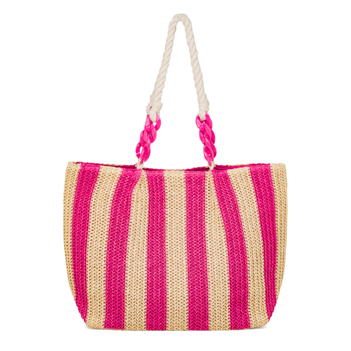 Borsa Mare a Righe in Paglia con Manici in Corda e Catena Rosa Camomilla Milano - Image 3