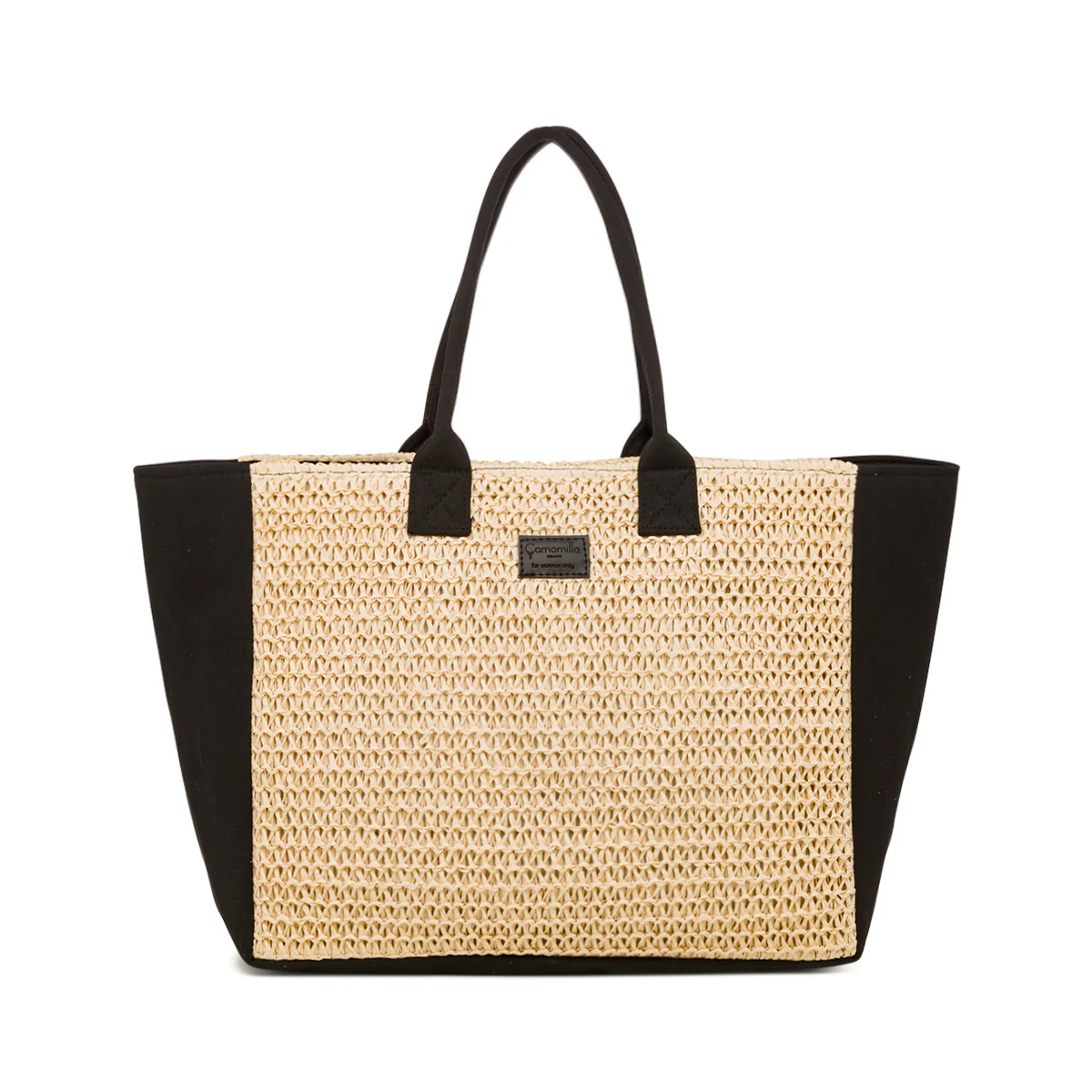 Borsa Mare in Paglia con Dettagli in Tessuto e Scritta Ricamata Camomilla Milano - Image 3