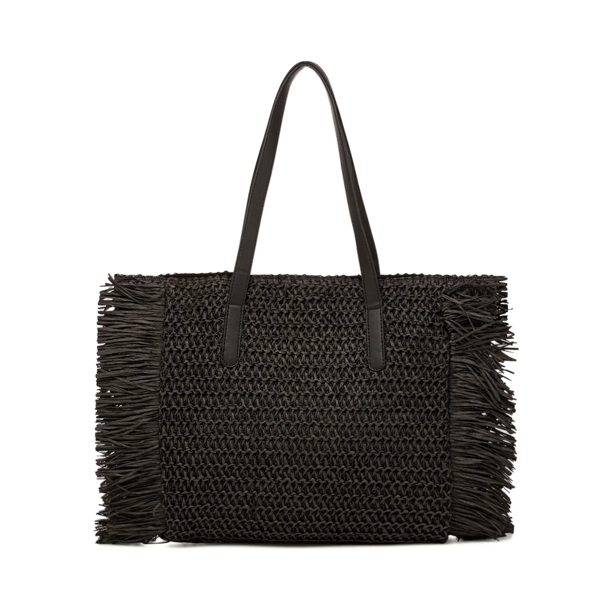 Borsa Mare in Paglia Intrecciata Nera con Frange e Manici Eleganti Camomilla Milano - Image 3