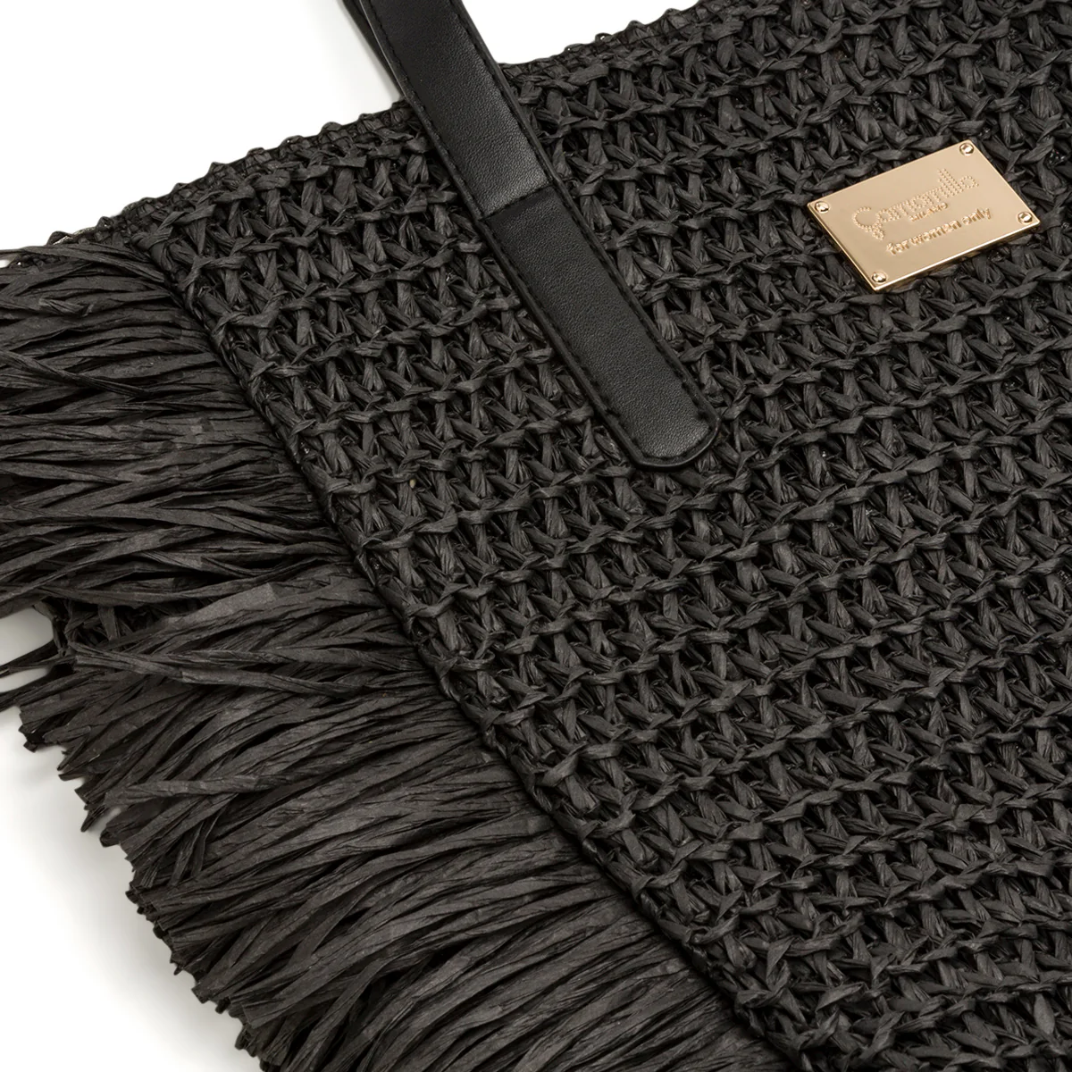 Borsa Mare in Paglia Intrecciata Nera con Frange e Manici Eleganti Camomilla Milano - Image 4