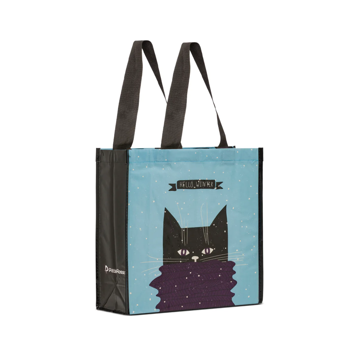 Borsa Shopper azzurra e nera piccola in TNT con grafica gatto