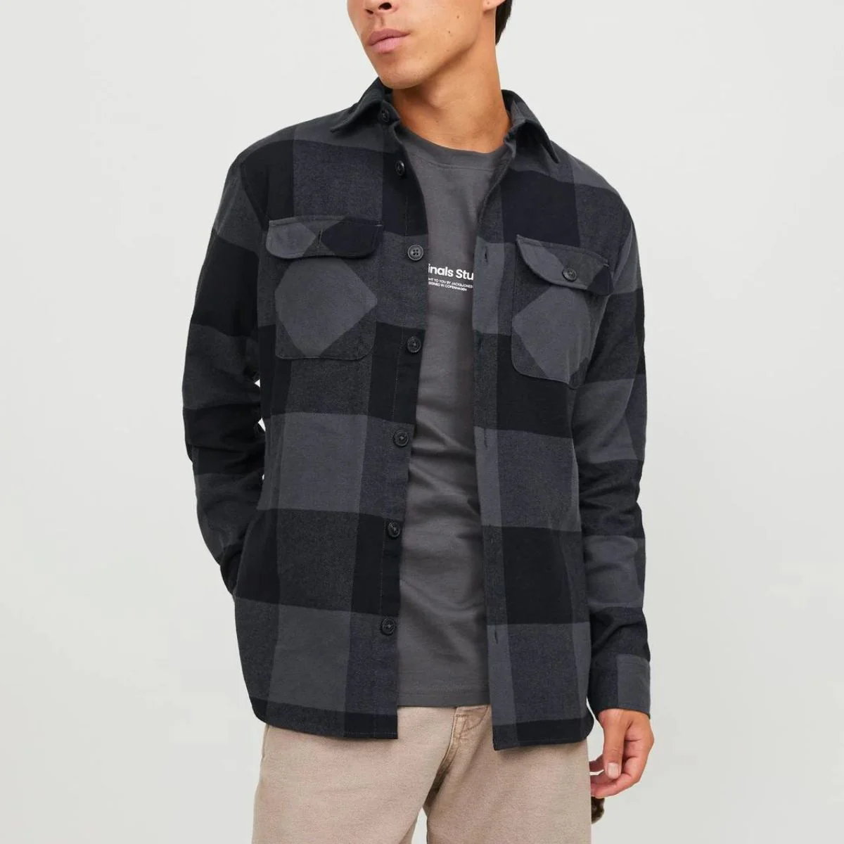 Camicia da uomo nera e grigia con bottoni Jack & Jones