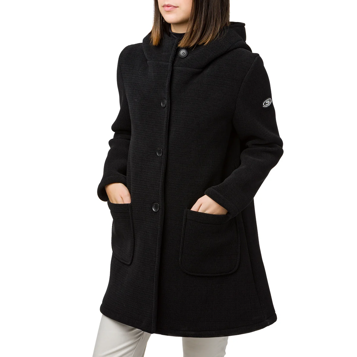 Cappotto nero da donna con cappuccio e bottoni Swish Jeans