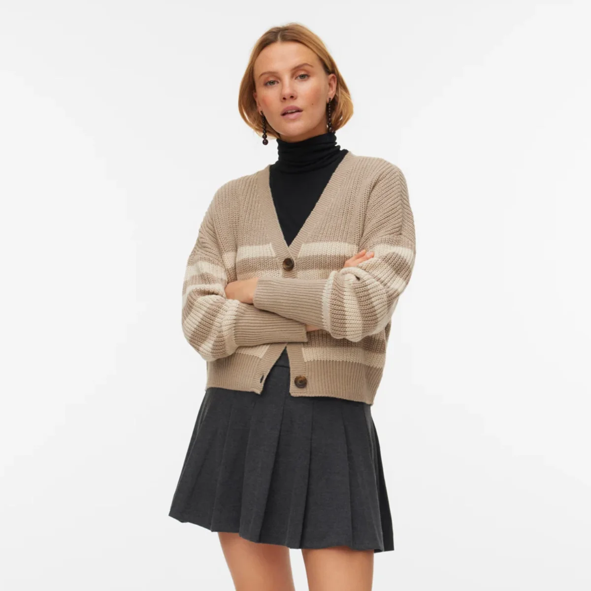 Cardigan da Donna beigee bianco a righe con scollo a V Vero Moda