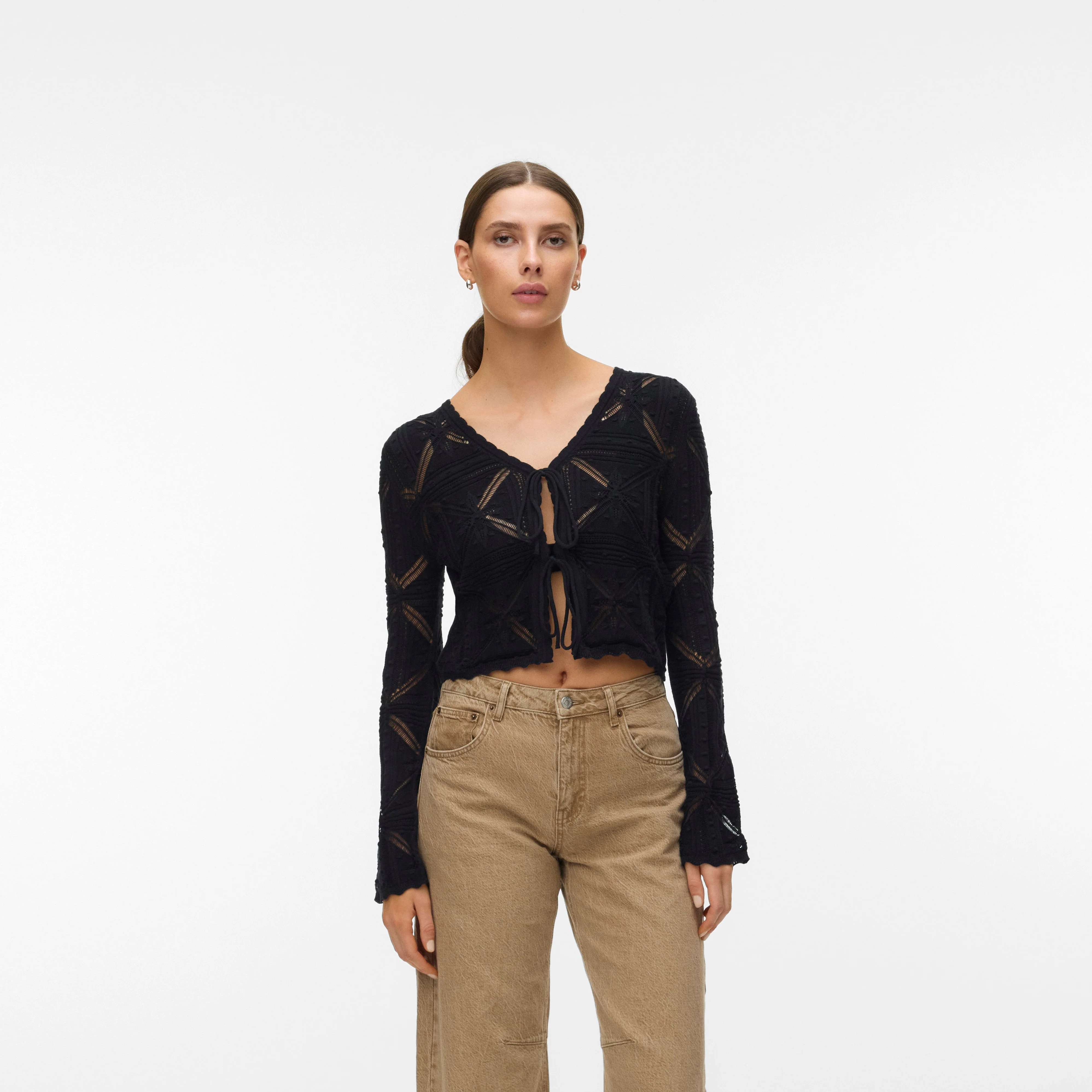 Cardigan estivo nero Donna con lacci effetto crochet Vero Moda