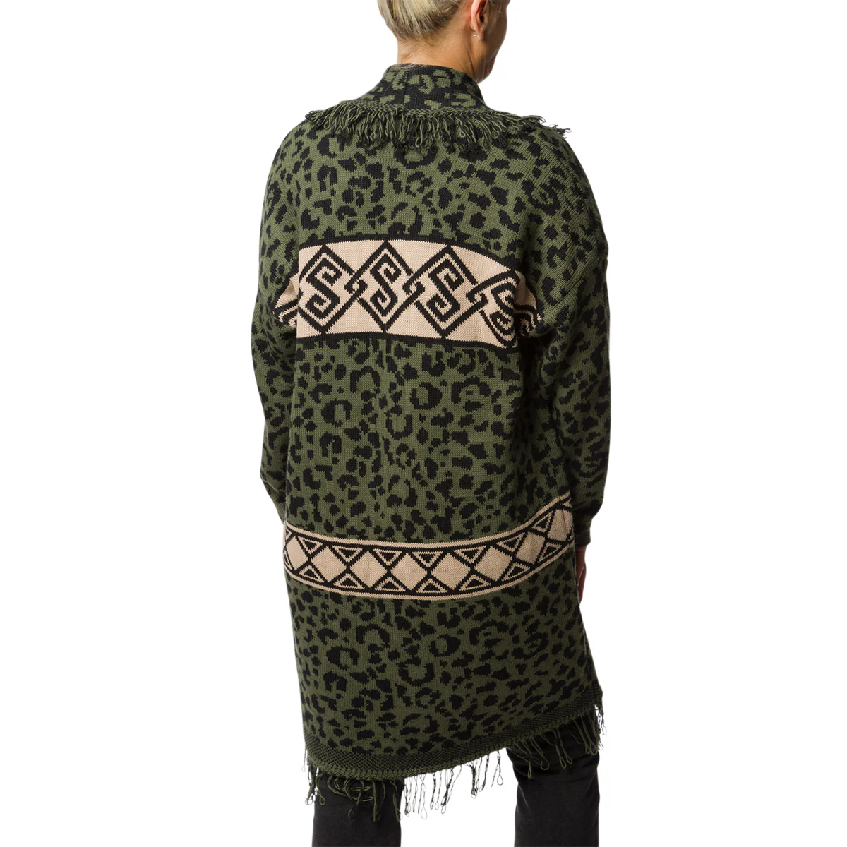 Cardigan lungo verde animalier da donna con frange Swish Jenans - Image 2