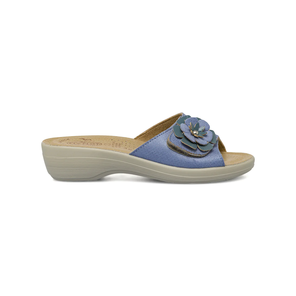 Ciabatte a fascia Azzurre da Donna in pelle con fiore Fly Flot