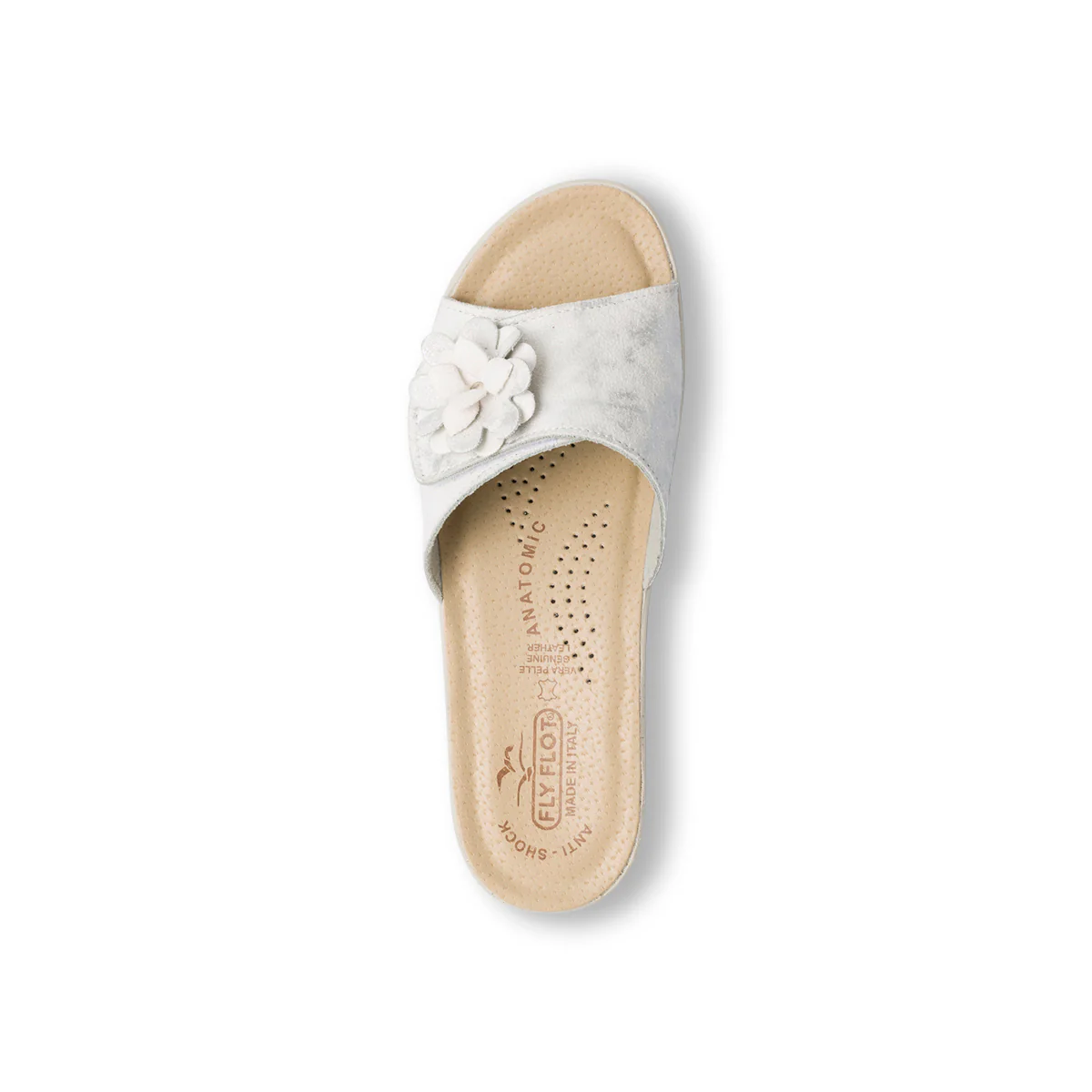 Ciabatte da donna bianche con sottopiede in pelle e fiore decorativo Fly Flot - Image 5