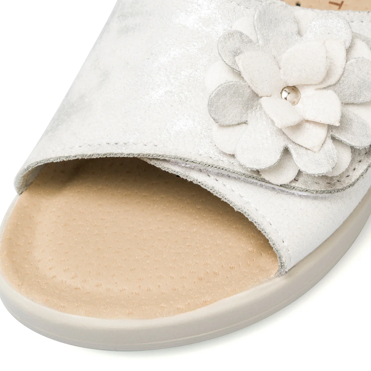 Ciabatte da donna bianche con sottopiede in pelle e fiore decorativo Fly Flot - Image 6