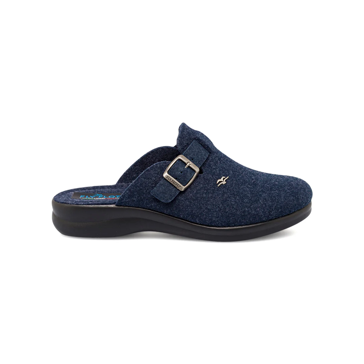 Ciabatte da donna blu in tessuto con fibbia e logo decorativo Fly Flot