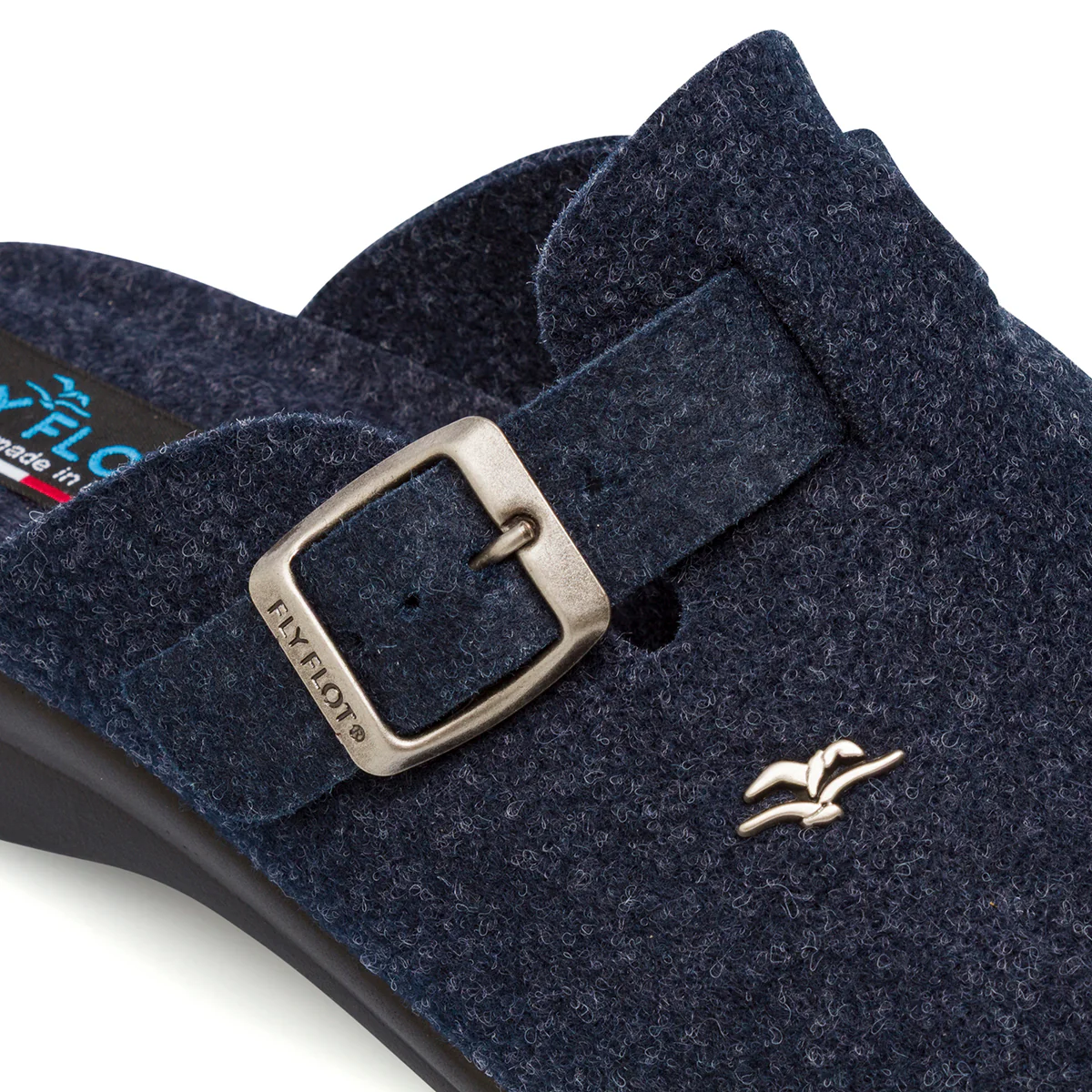 Ciabatte da donna blu in tessuto con fibbia e logo decorativo Fly Flot - Image 4