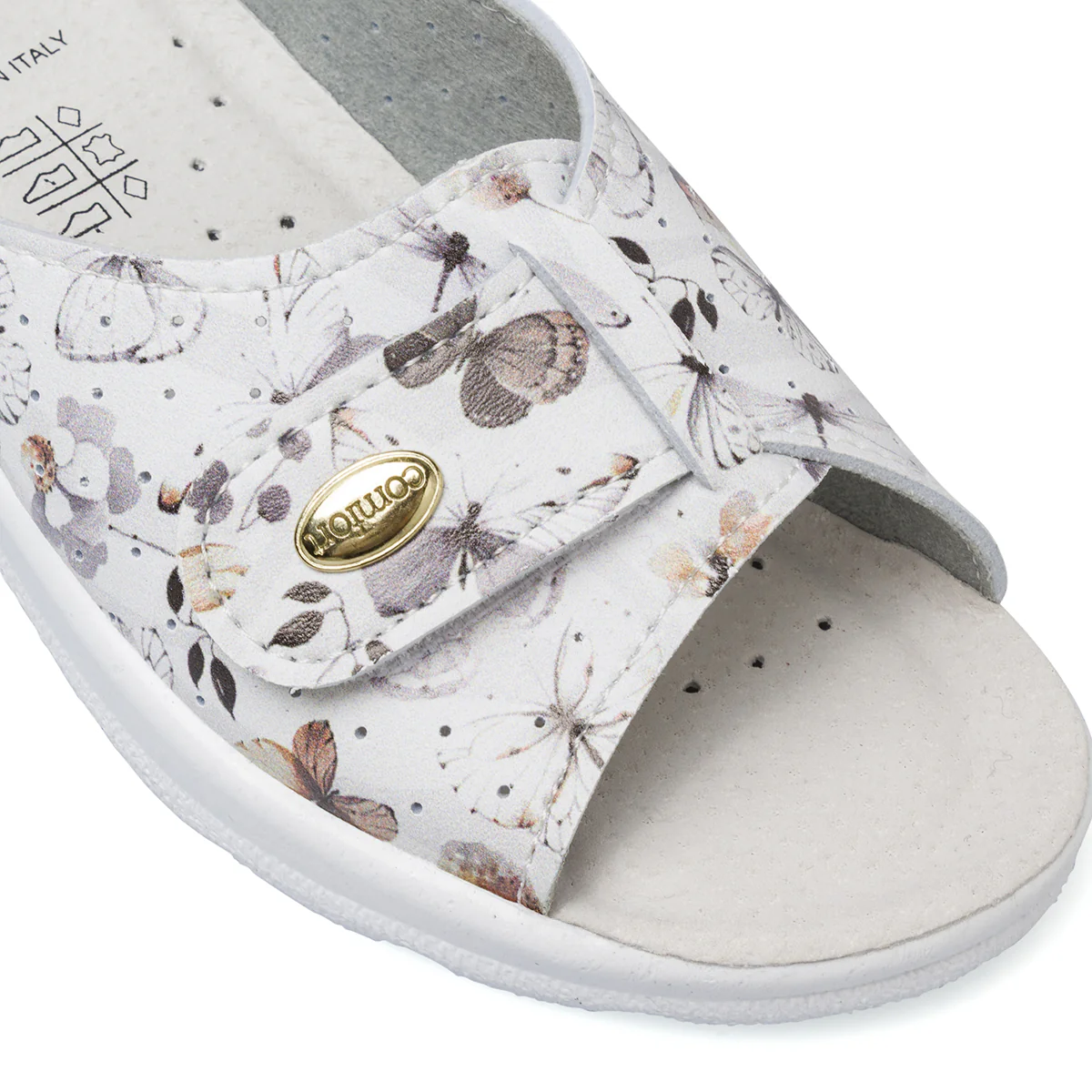 Ciabatte da donna grigie in pelle con stampa floreale e farfalle Italia Trend - Image 4