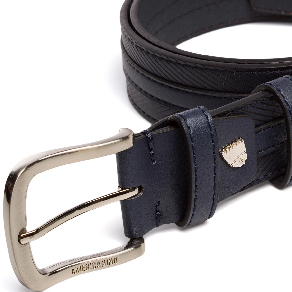 Cintura da Uomo Blu con Cuciture Decorative e Fibbia in Metallo Americanino - Image 4