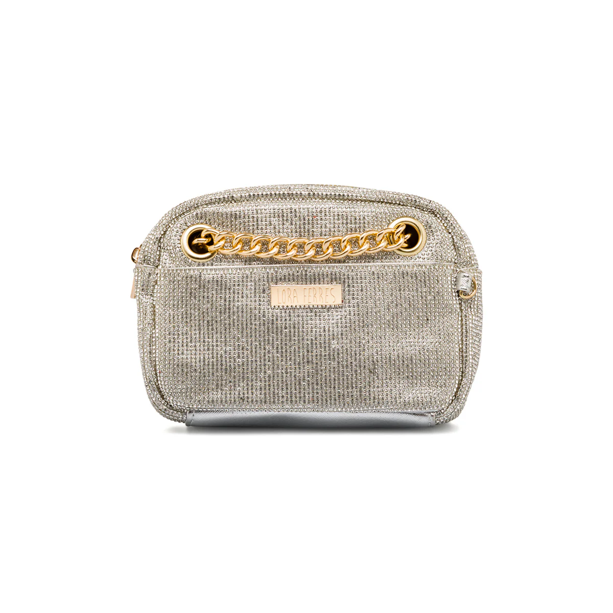 Clutch da donna argento con strass e logo Lora Ferres - Image 2