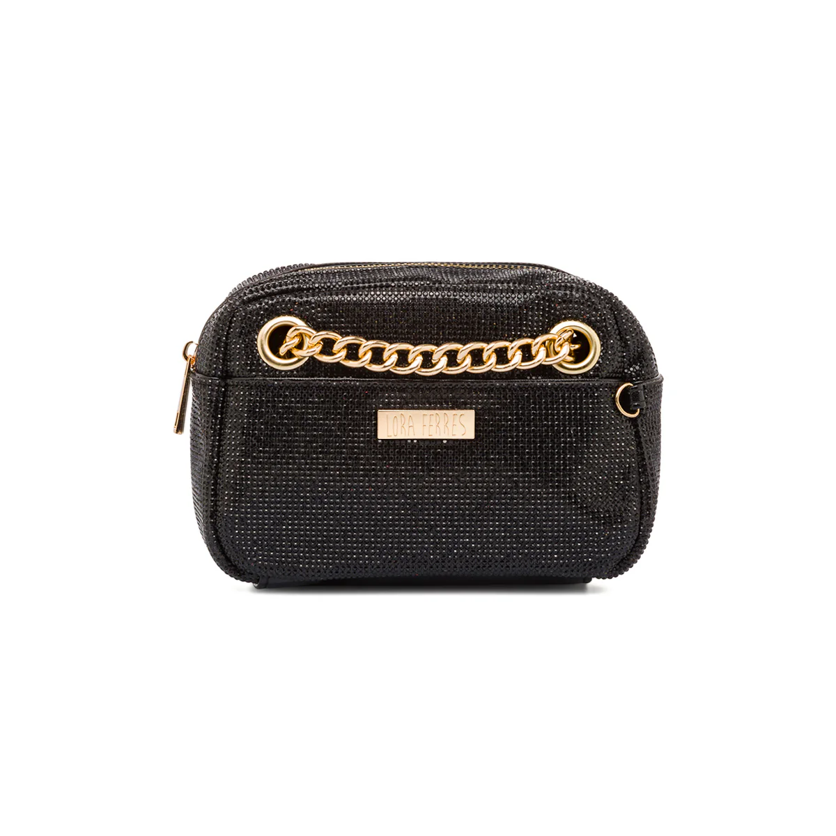 Clutch da donna nera con strass e logo Lora Ferres - Image 2