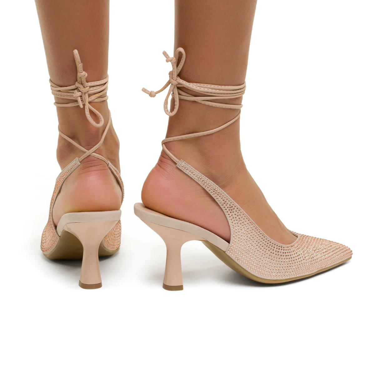 Décolleté Slingback alla schiava color nude gioiello con strass e laccetti alla caviglia Lora Ferres