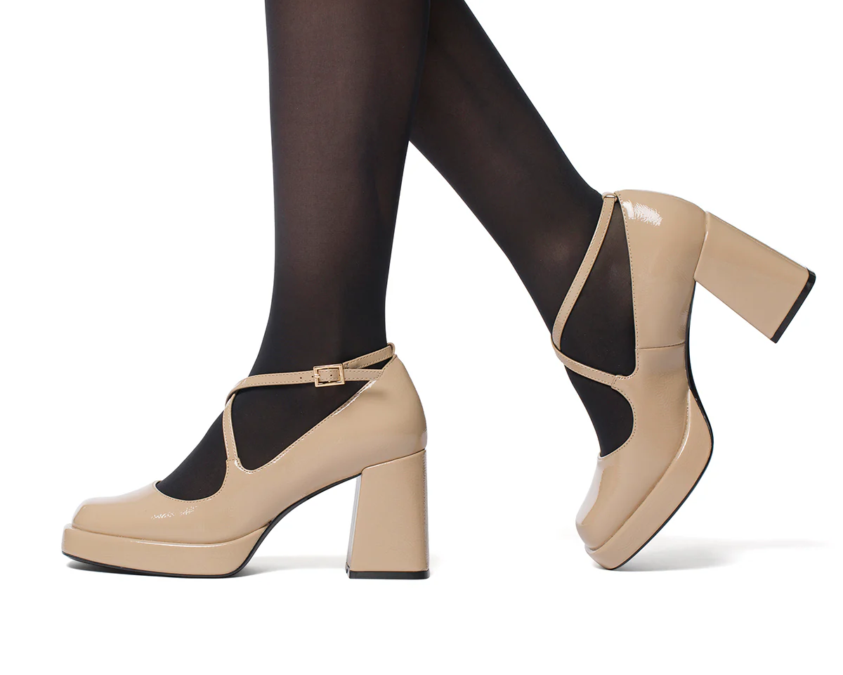 Décolleté Mary Jane beige in vernice con tacco 8 cm e plateau Lora Ferres - Image 2