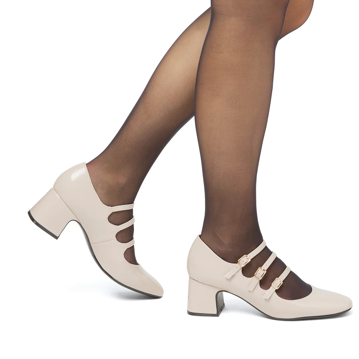 Décolleté Mary Jane da donna beige effetto vernice Swish Jeans con tacco 6 cm e cinturino alla caviglia