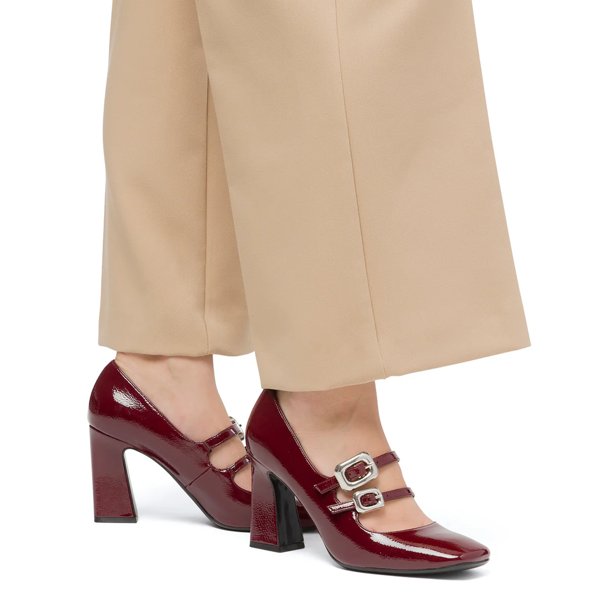 Décolleté Mary Jane da donna bordeaux burgundy effetto vernice con tacco 8 cm Swish Jeans