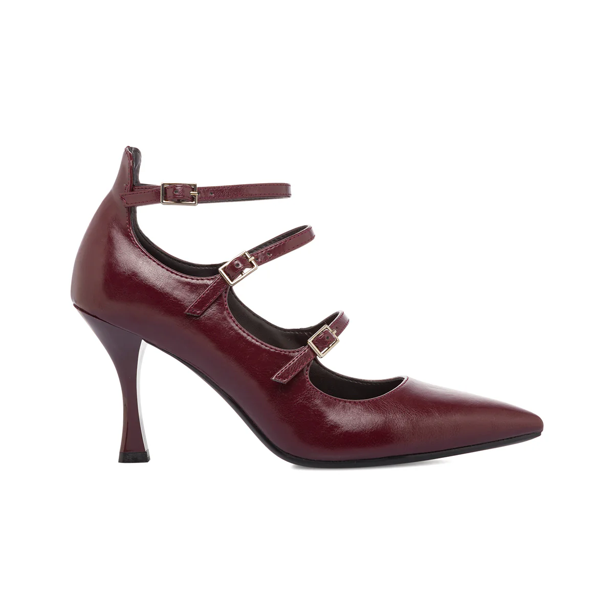 Décolleté Mary Jane da donna rosso bordeaux burgundy con tacco 8,5 cm e tre cinturini con fibbia Lora Ferres - Image 2