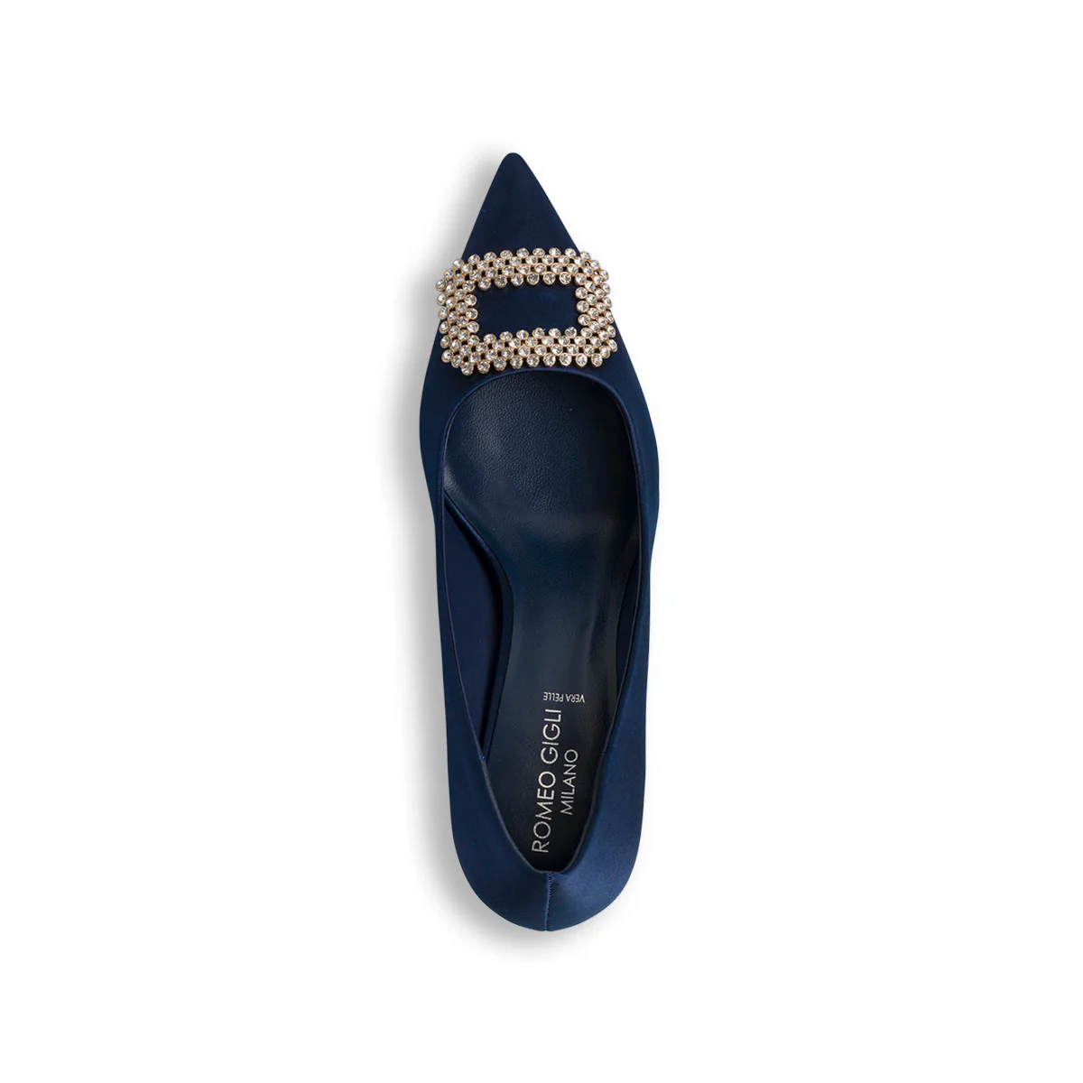 Décolleté gioiello blu in raso con perline e tacco 7 cm Romeo Gigli Milano - Image 7
